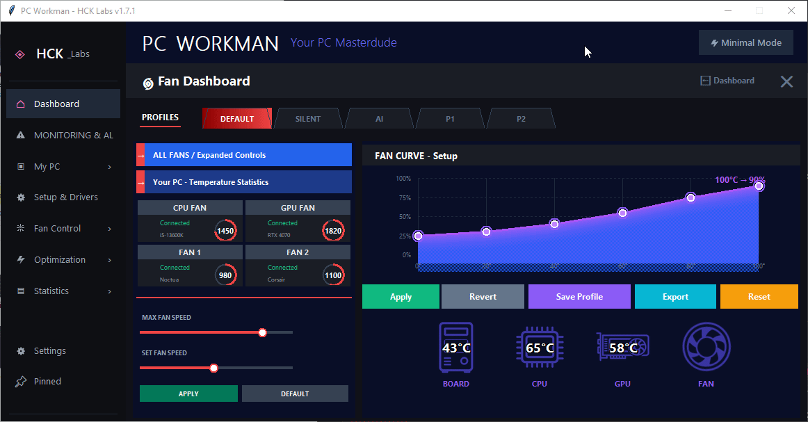 Fan Dashboard – ustawianie wentylatorów, profile, eksport
