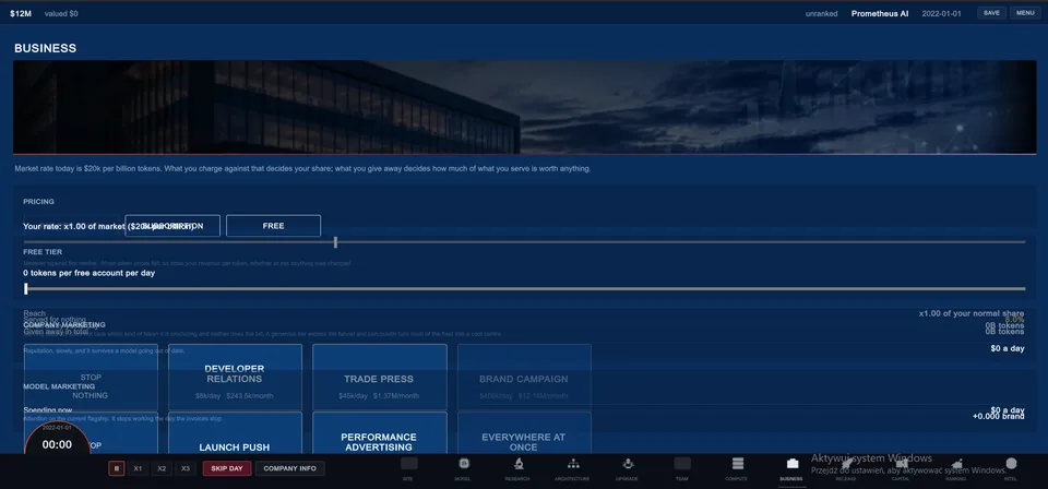 Scaling Laws business screen with pricing, free tier and marketing controls