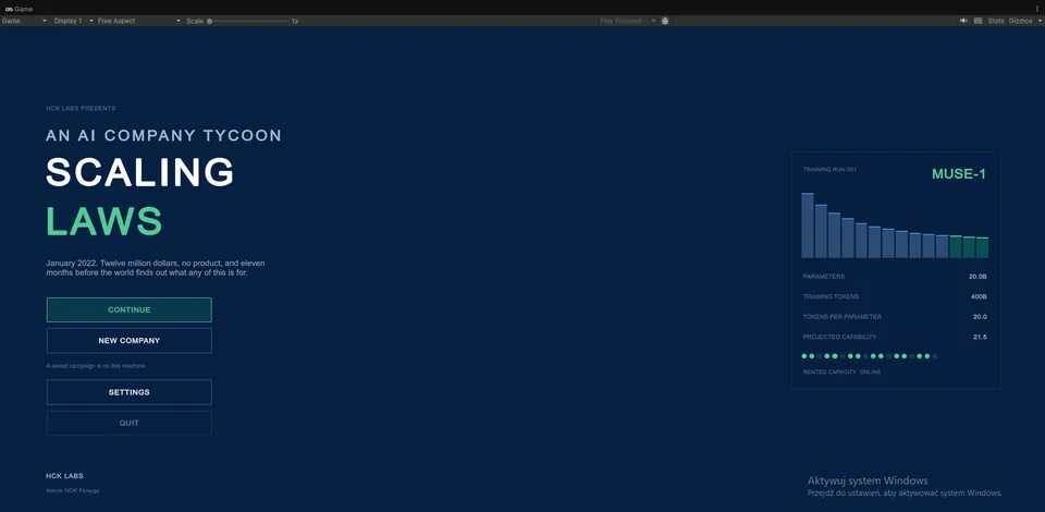 Scaling Laws main menu showing the AI company tycoon title and a model training readout